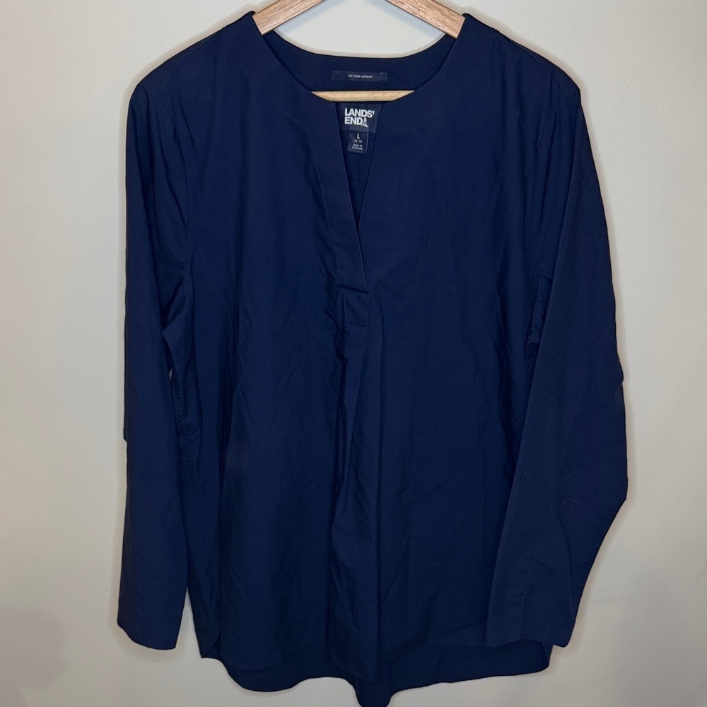 Lands' End Women’s Wrinkle Free Splitneck Tunic Top Deep Blue Long Sleeve Size L